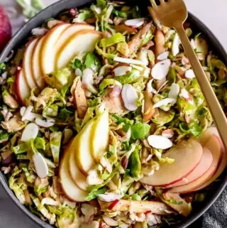 shaved brussels sprout salad in a bowl with apple and a fork