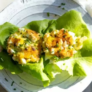 crispy egg salad on butter lettuce leaves