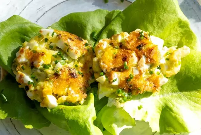 crispy egg salad on butter lettuce leaves