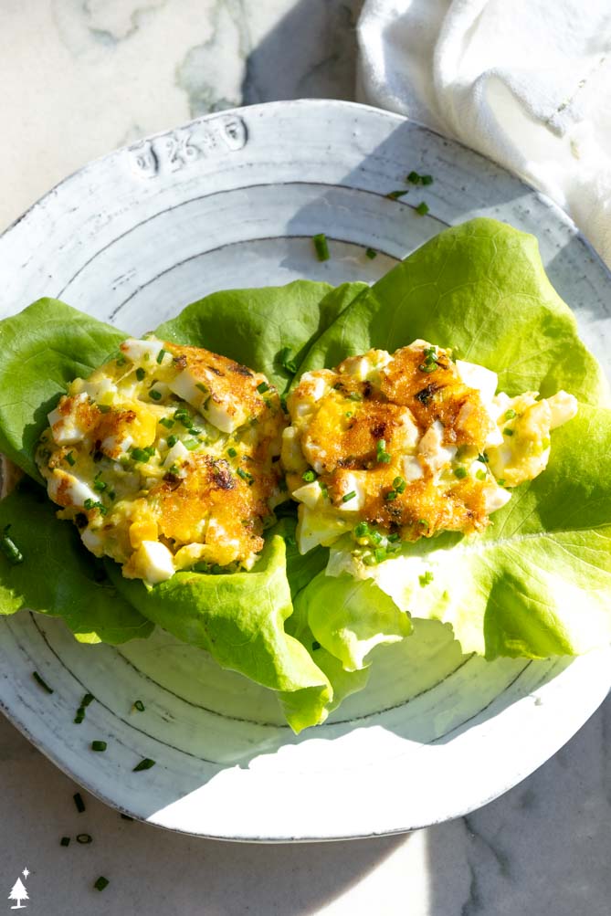 crispy egg salad on butter lettuce leaves