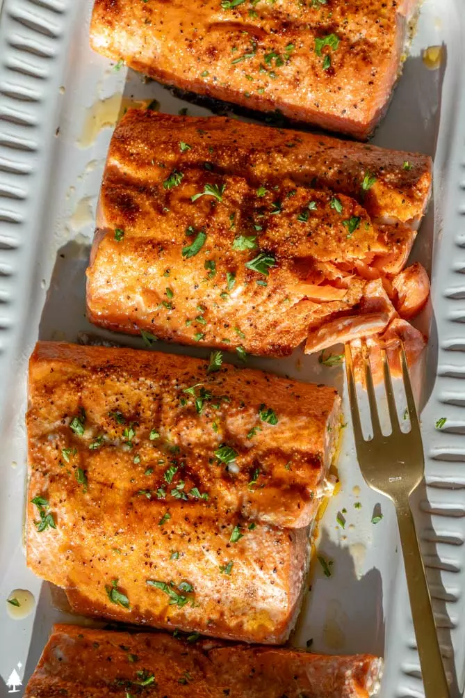 broiled salmon recipe on a plater with a fork being flaked