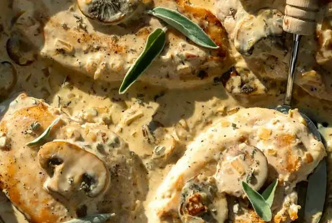 champagne chicken recipe in a skillet with mushrooms