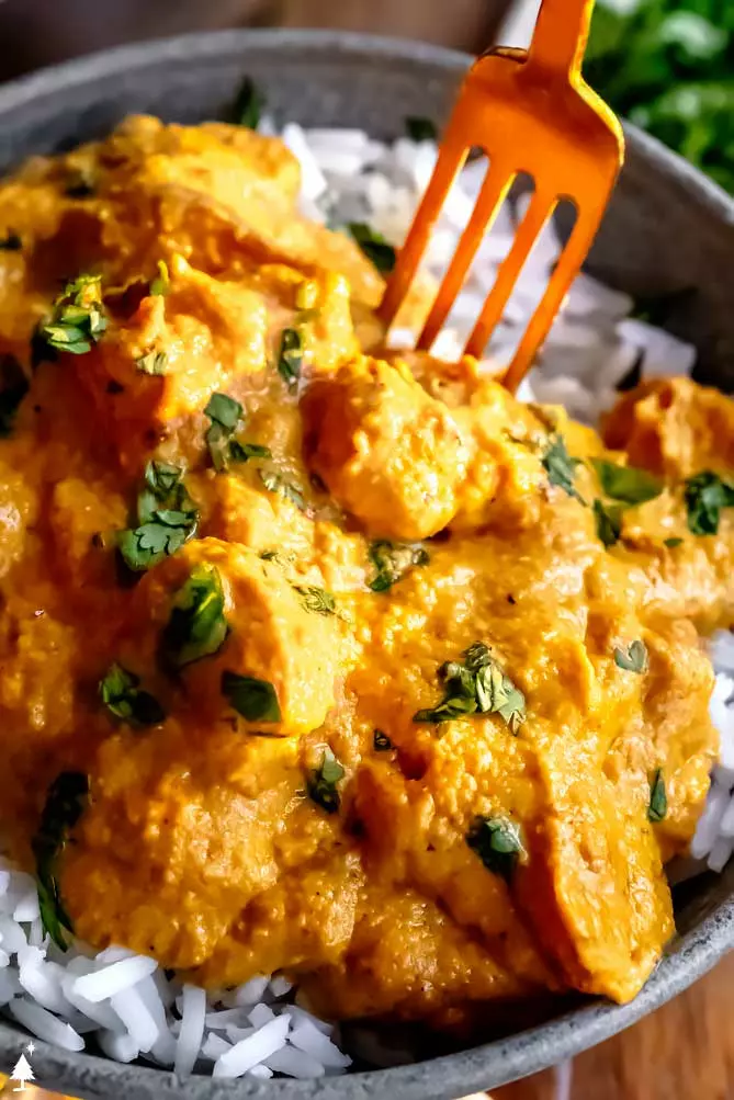 korma sauce over chicken in a bowl with a fork and cilantro on top