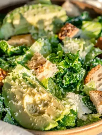 kale caesar salad recipe with croutons and parmesan
