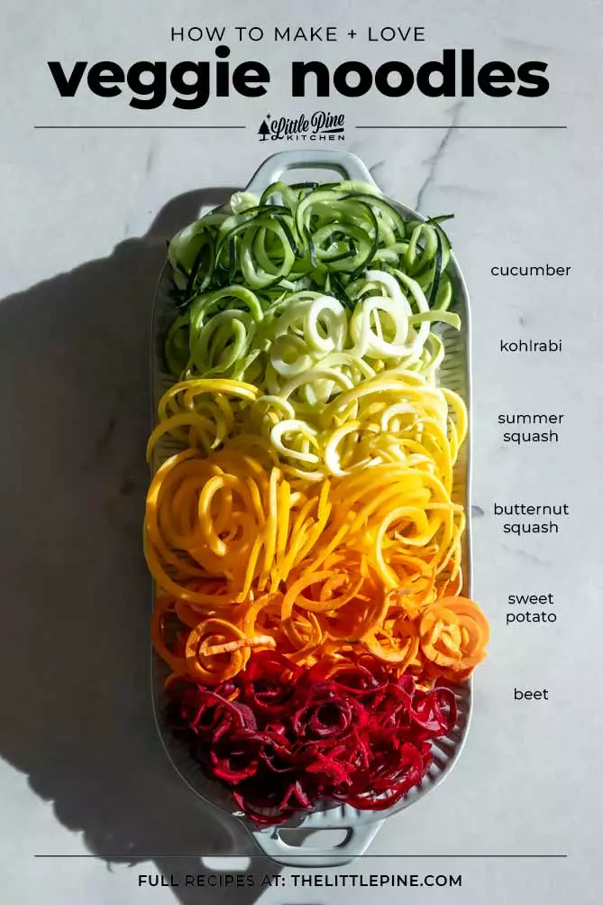 6 varieties of veggie noodles on a platter
